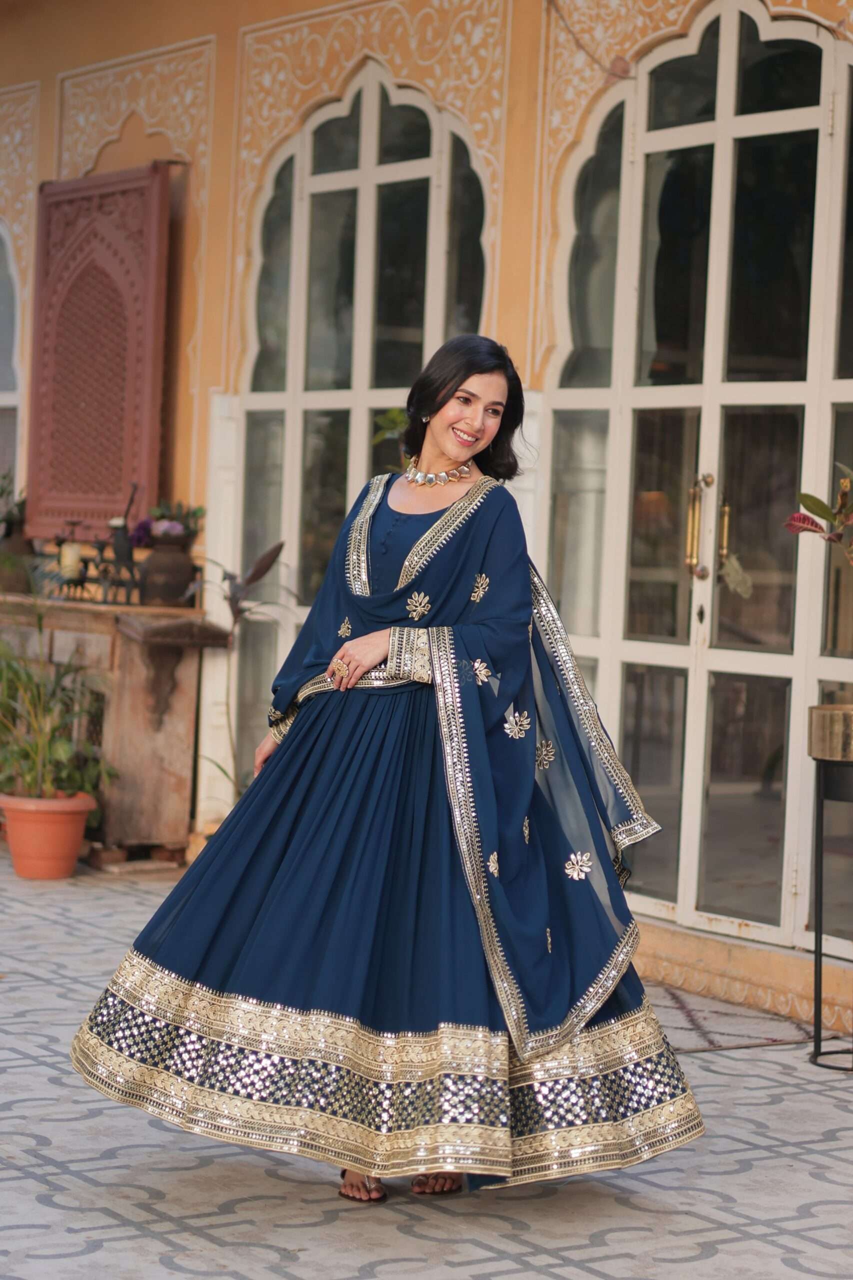 Elegant Blue Long Gown for Women â€“ Embroidered Faux Blooming Set with Lace Border Dupatta