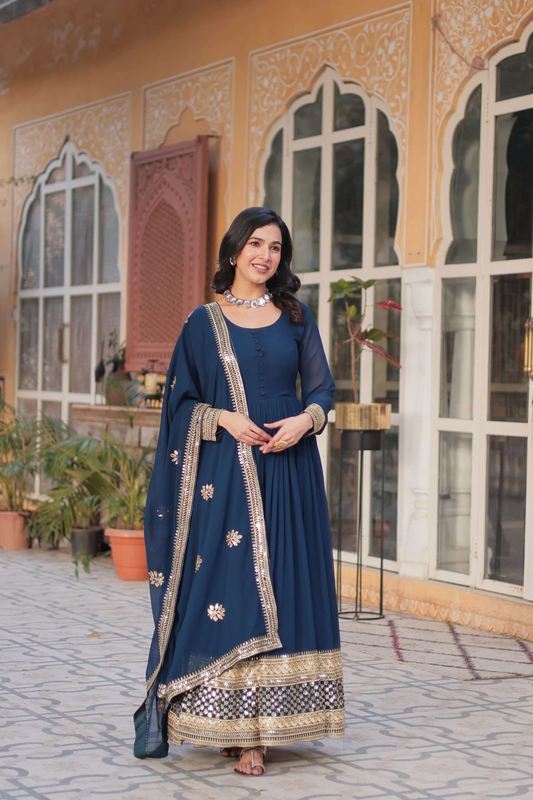 Elegant Blue Long Gown for Women â€“ Embroidered Faux Blooming Set with Lace Border Dupatta