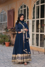 Elegant Blue Long Gown for Women â€“ Embroidered Faux Blooming Set with Lace Border Dupatta