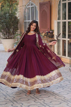 Wine Long Gown with Dupatta â€“ Heavy Faux Blooming Embroidery, Full Sleeves & Round Neck