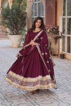 Wine Long Gown with Dupatta â€“ Heavy Faux Blooming Embroidery, Full Sleeves & Round Neck