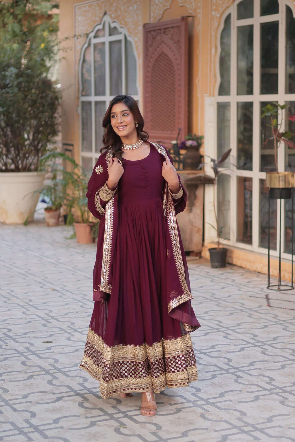 Wine Long Gown with Dupatta â€“ Heavy Faux Blooming Embroidery, Full Sleeves & Round Neck