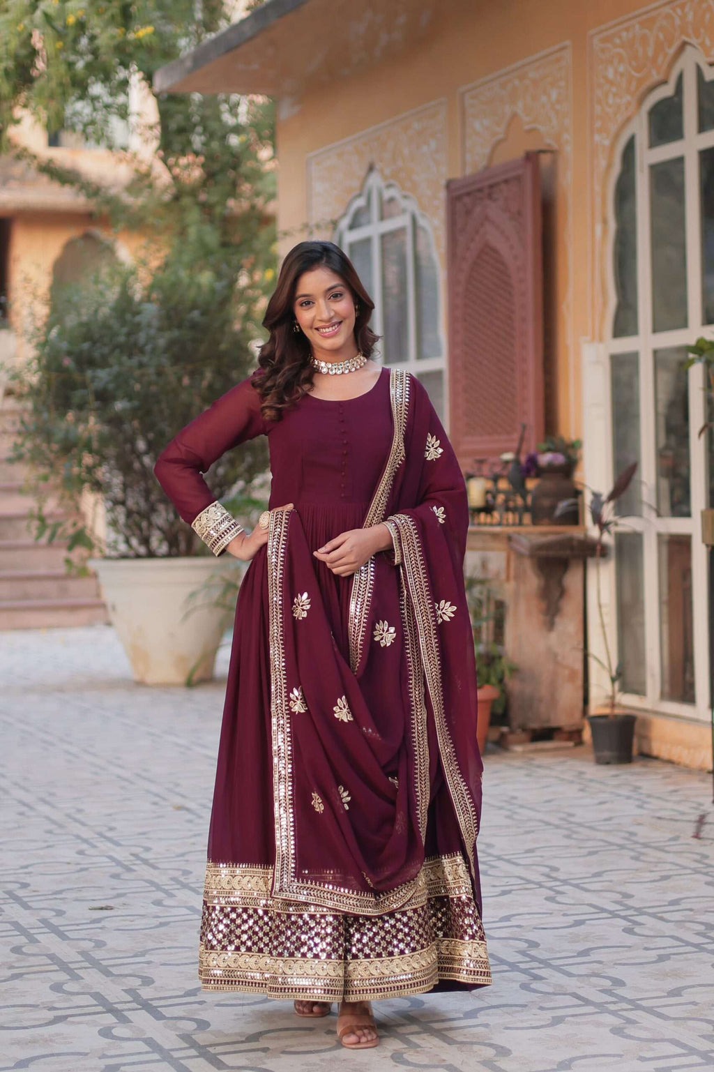 Wine Long Gown with Dupatta â€“ Heavy Faux Blooming Embroidery, Full Sleeves & Round Neck