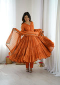 Elegant Orange Ruffle Gown Set â€“ Real Mirror Work, Full Sleeves & Dupatta | Fully Stitched Ethnic Outfit