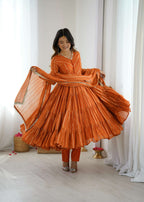 Elegant Orange Ruffle Gown Set â€“ Real Mirror Work, Full Sleeves & Dupatta | Fully Stitched Ethnic Outfit