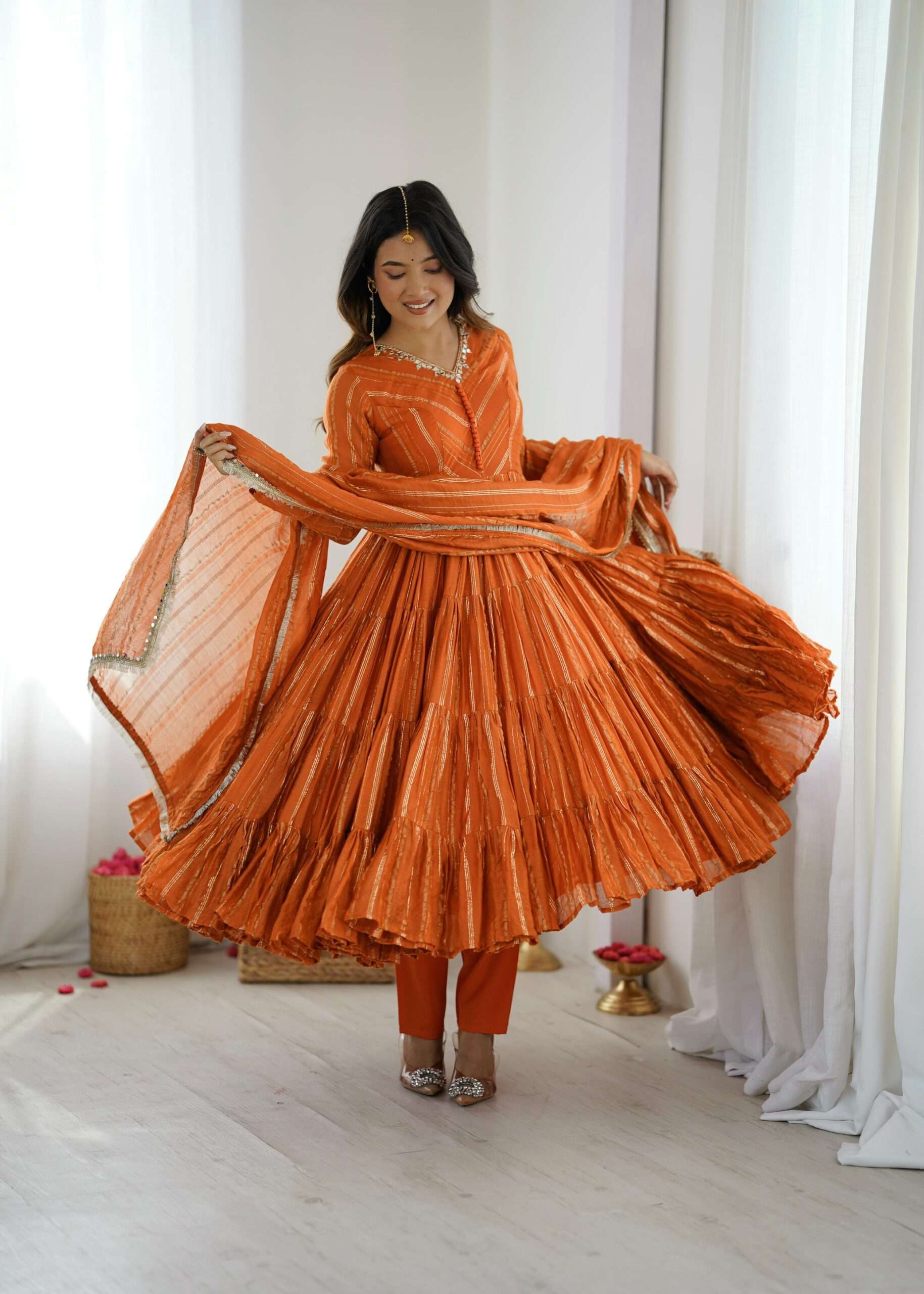 Elegant Orange Ruffle Gown Set â€“ Real Mirror Work, Full Sleeves & Dupatta | Fully Stitched Ethnic Outfit
