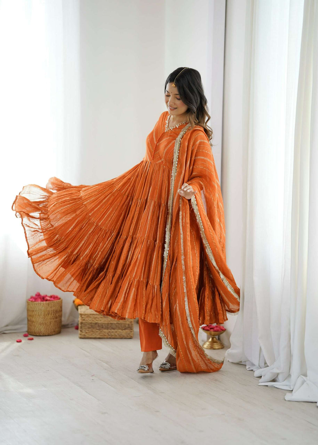 Elegant Orange Ruffle Gown Set â€“ Real Mirror Work, Full Sleeves & Dupatta | Fully Stitched Ethnic Outfit