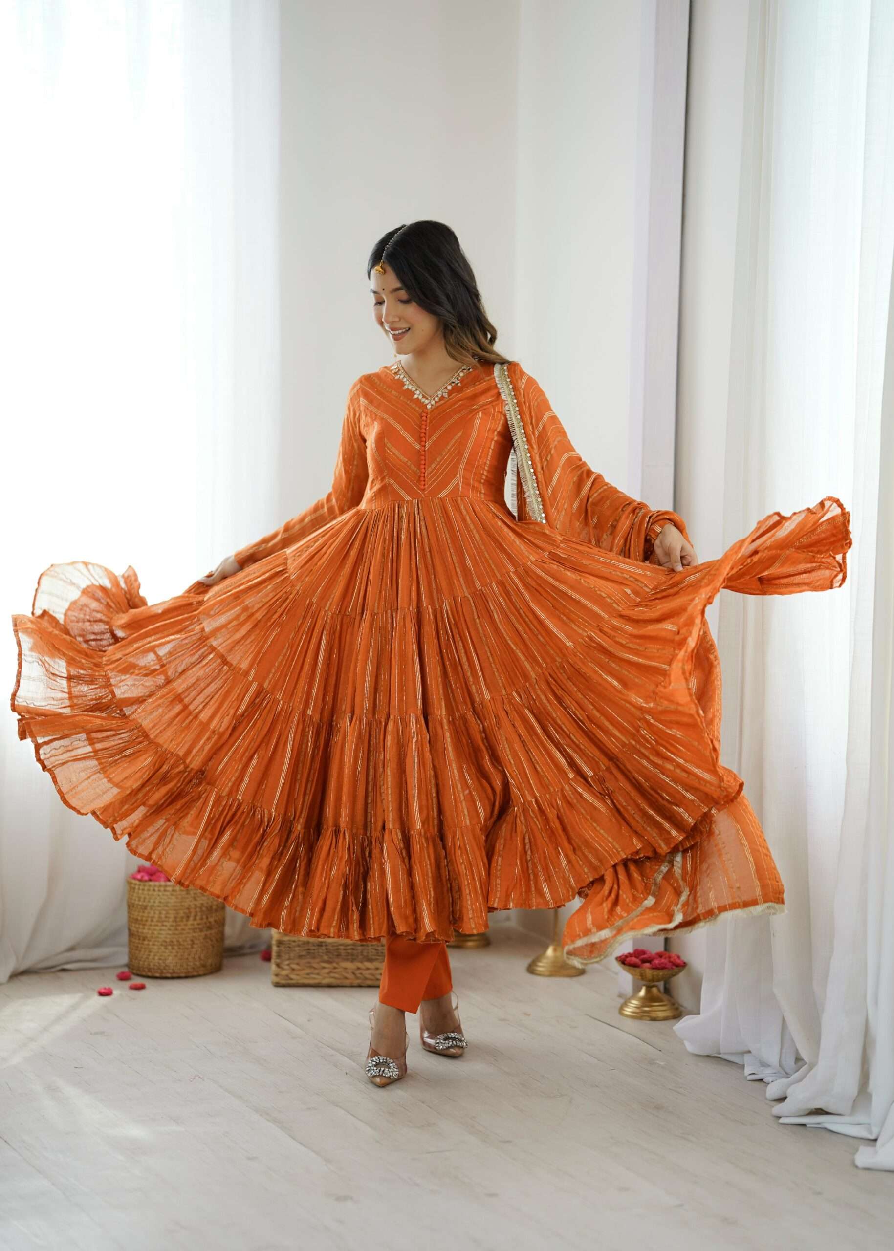 Elegant Orange Ruffle Gown Set â€“ Real Mirror Work, Full Sleeves & Dupatta | Fully Stitched Ethnic Outfit