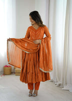 Elegant Orange Ruffle Gown Set â€“ Real Mirror Work, Full Sleeves & Dupatta | Fully Stitched Ethnic Outfit