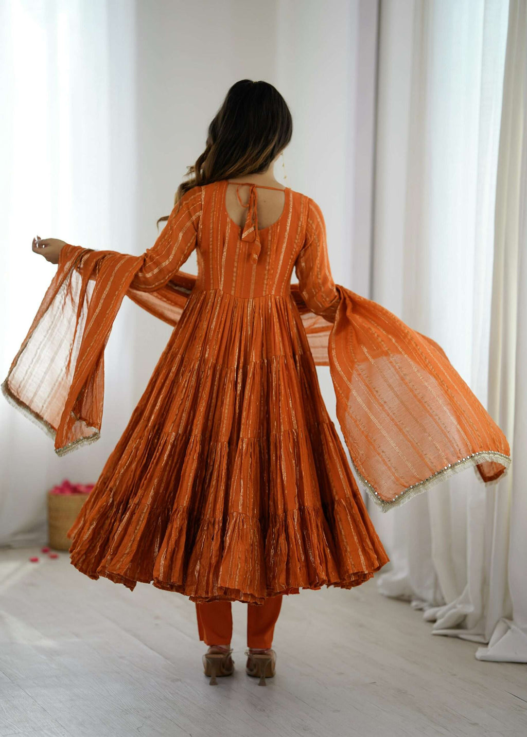 Elegant Orange Ruffle Gown Set â€“ Real Mirror Work, Full Sleeves & Dupatta | Fully Stitched Ethnic Outfit