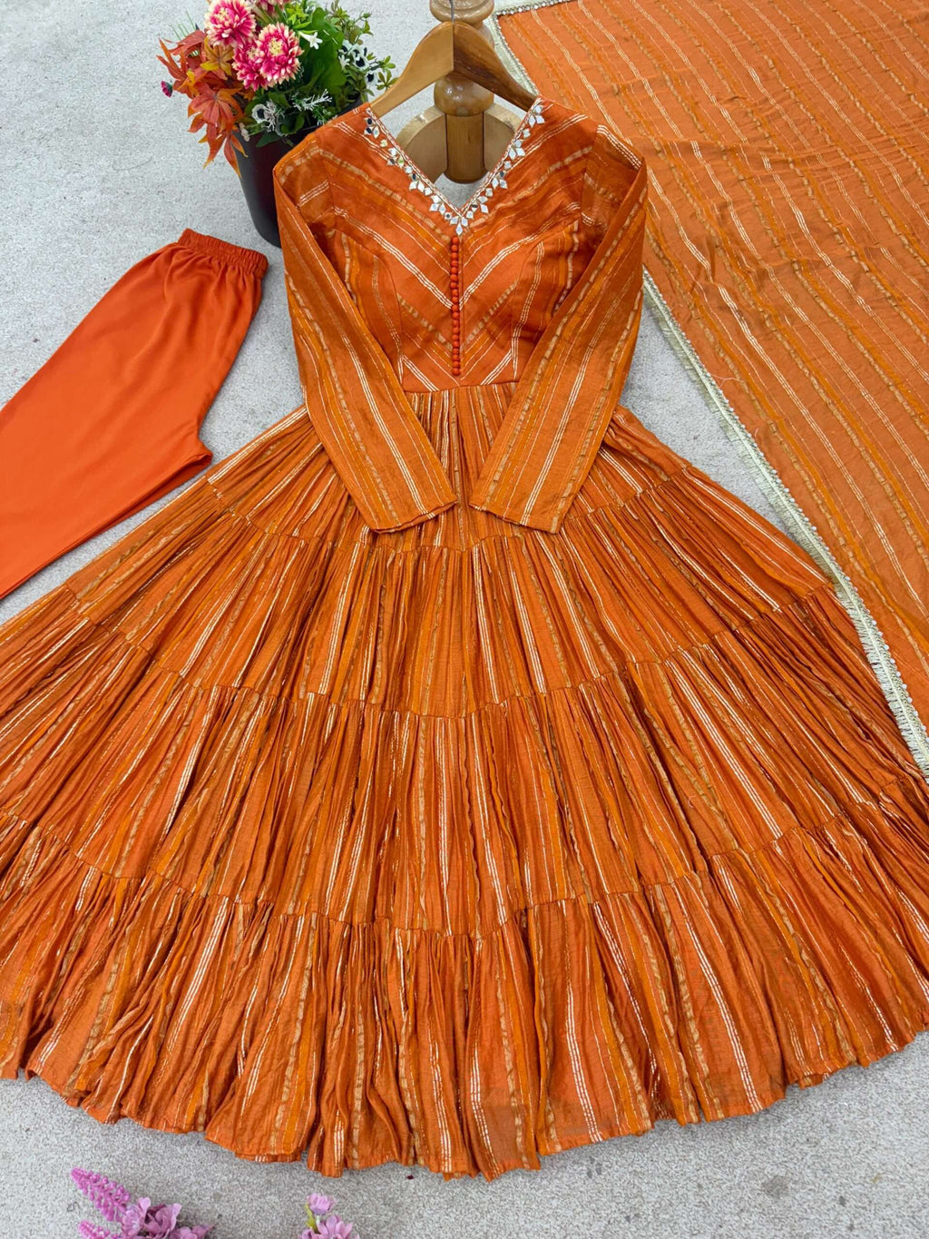 Elegant Orange Ruffle Gown Set â€“ Real Mirror Work, Full Sleeves & Dupatta | Fully Stitched Ethnic Outfit