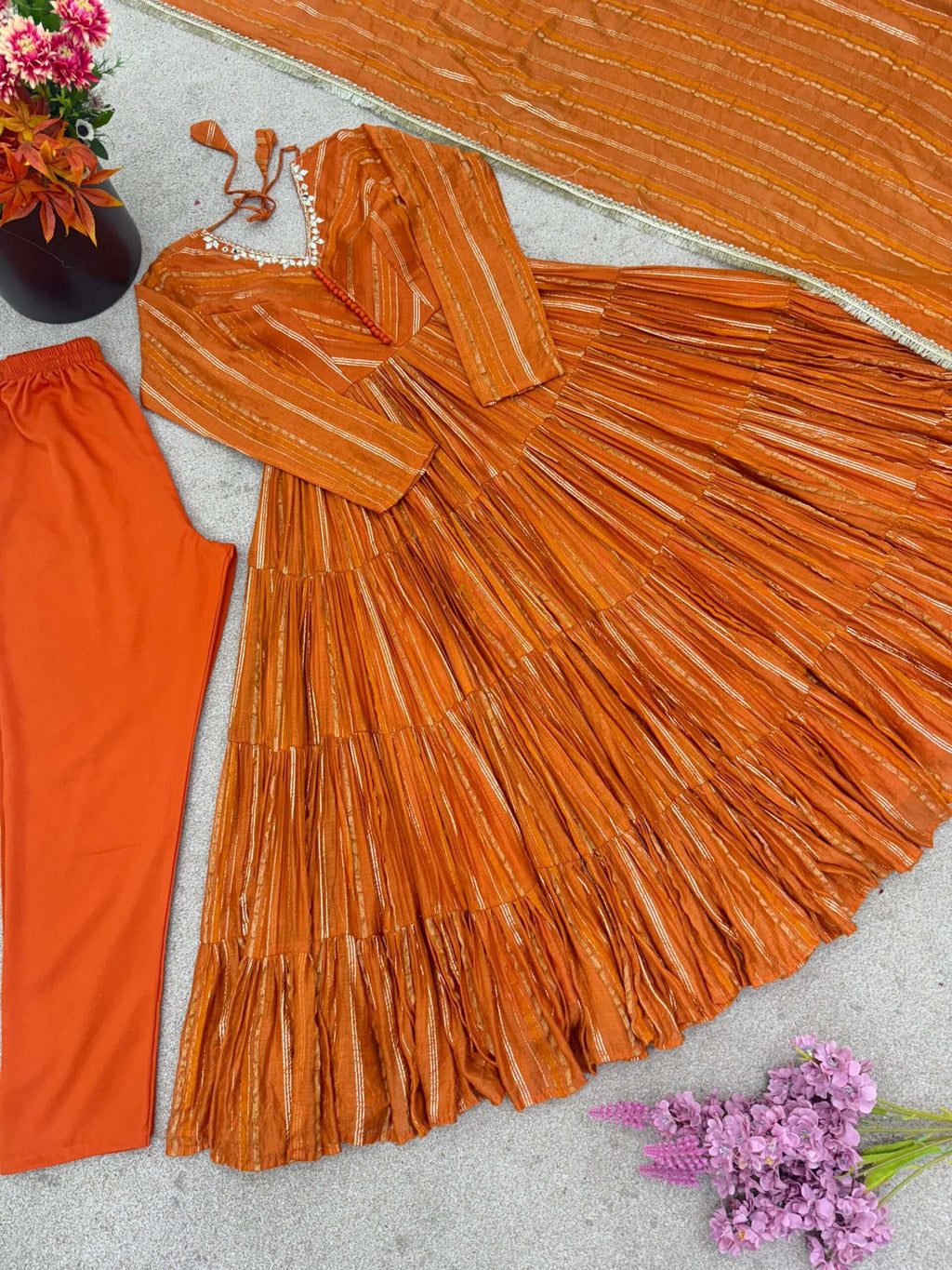 Elegant Orange Ruffle Gown Set â€“ Real Mirror Work, Full Sleeves & Dupatta | Fully Stitched Ethnic Outfit