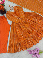 Elegant Orange Ruffle Gown Set â€“ Real Mirror Work, Full Sleeves & Dupatta | Fully Stitched Ethnic Outfit