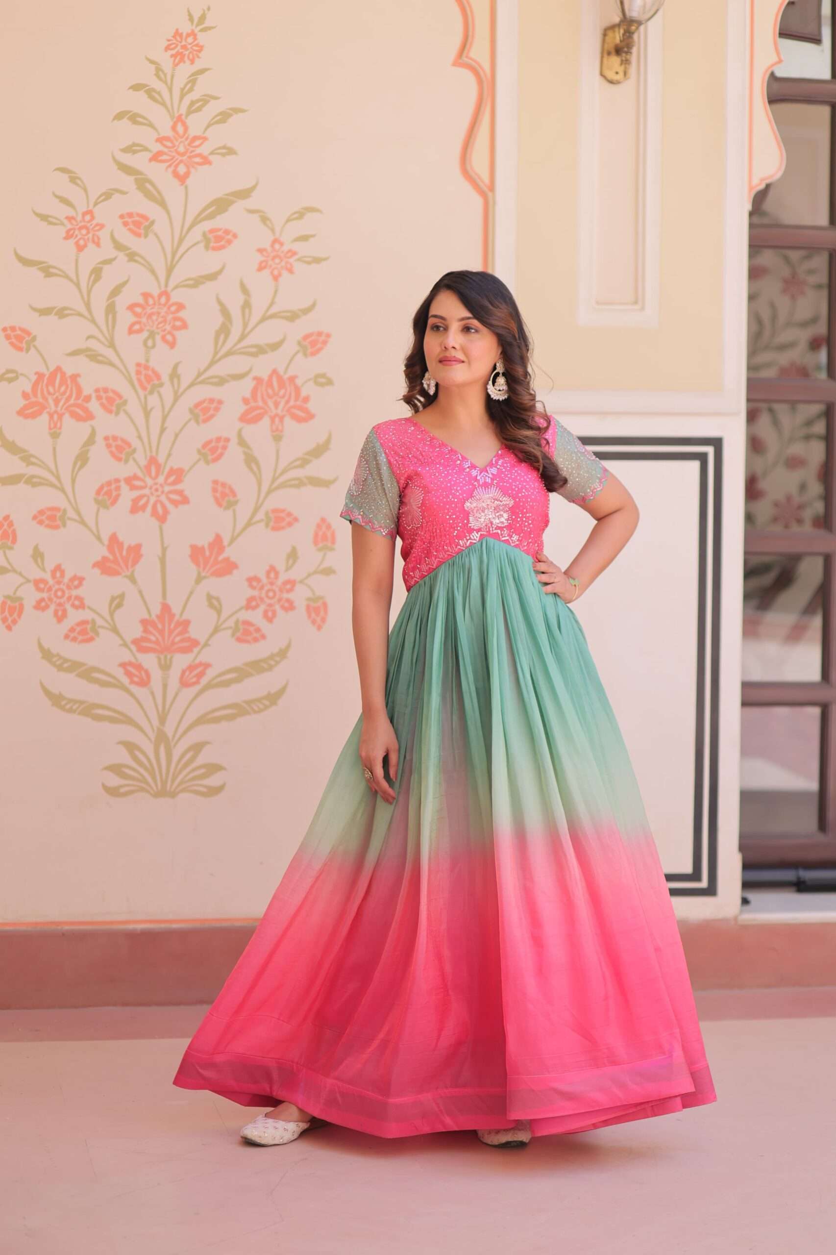 Designer Gold Crush Gown â€“ Beads Embroidery Work with V Neck