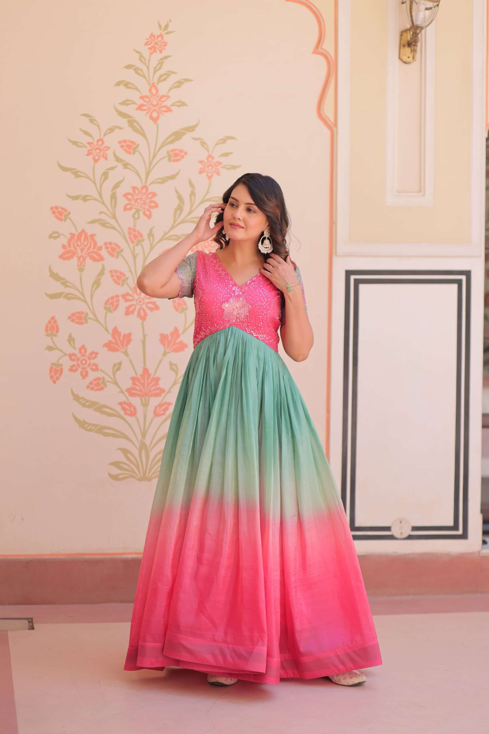 Designer Gold Crush Gown â€“ Beads Embroidery Work with V Neck