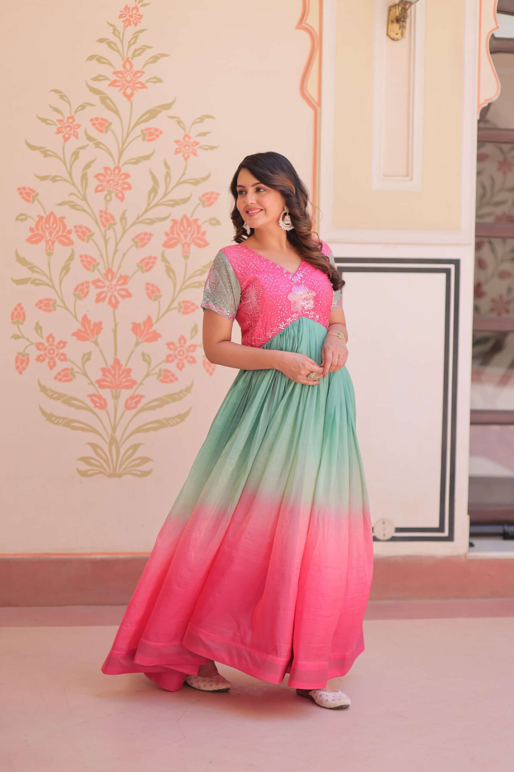 Designer Gold Crush Gown â€“ Beads Embroidery Work with V Neck