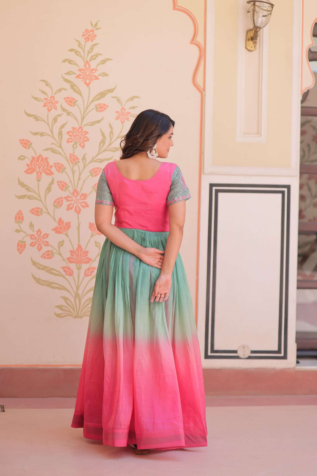 Designer Gold Crush Gown â€“ Beads Embroidery Work with V Neck