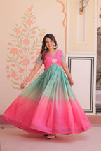 Designer Gold Crush Gown â€“ Beads Embroidery Work with V Neck