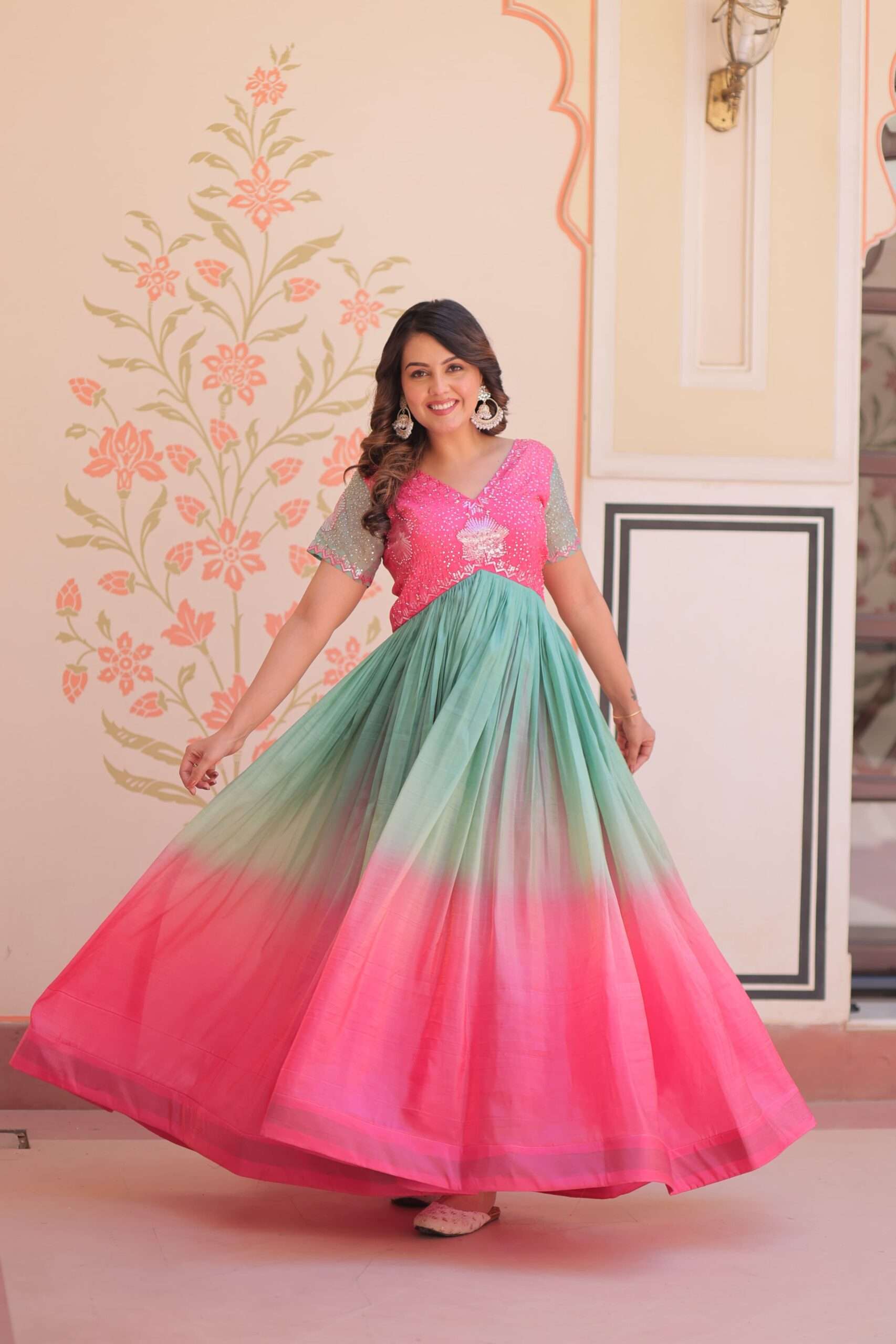 Designer Gold Crush Gown â€“ Beads Embroidery Work with V Neck