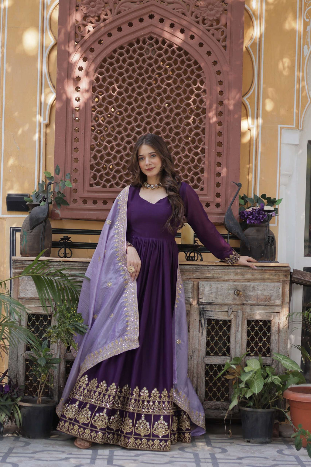 Luxury Purple Embroidered Gown â€“ Star Georgette Fabric with Designer Lace Dupatta
