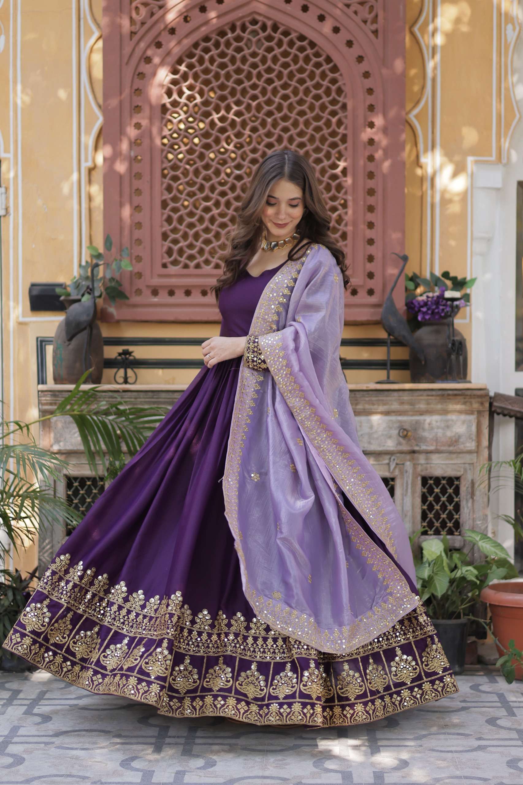 Luxury Purple Embroidered Gown â€“ Star Georgette Fabric with Designer Lace Dupatta