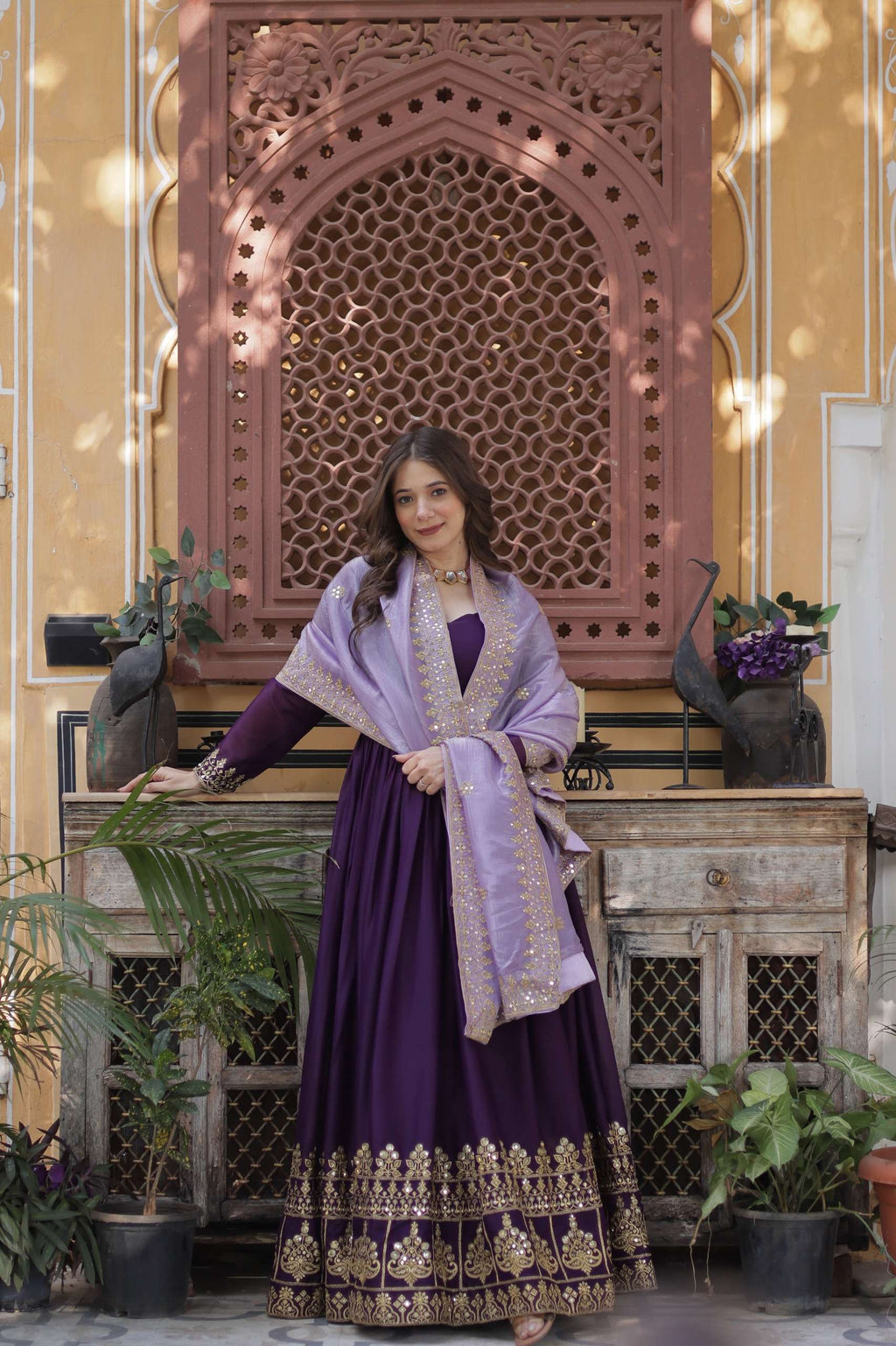 Luxury Purple Embroidered Gown â€“ Star Georgette Fabric with Designer Lace Dupatta