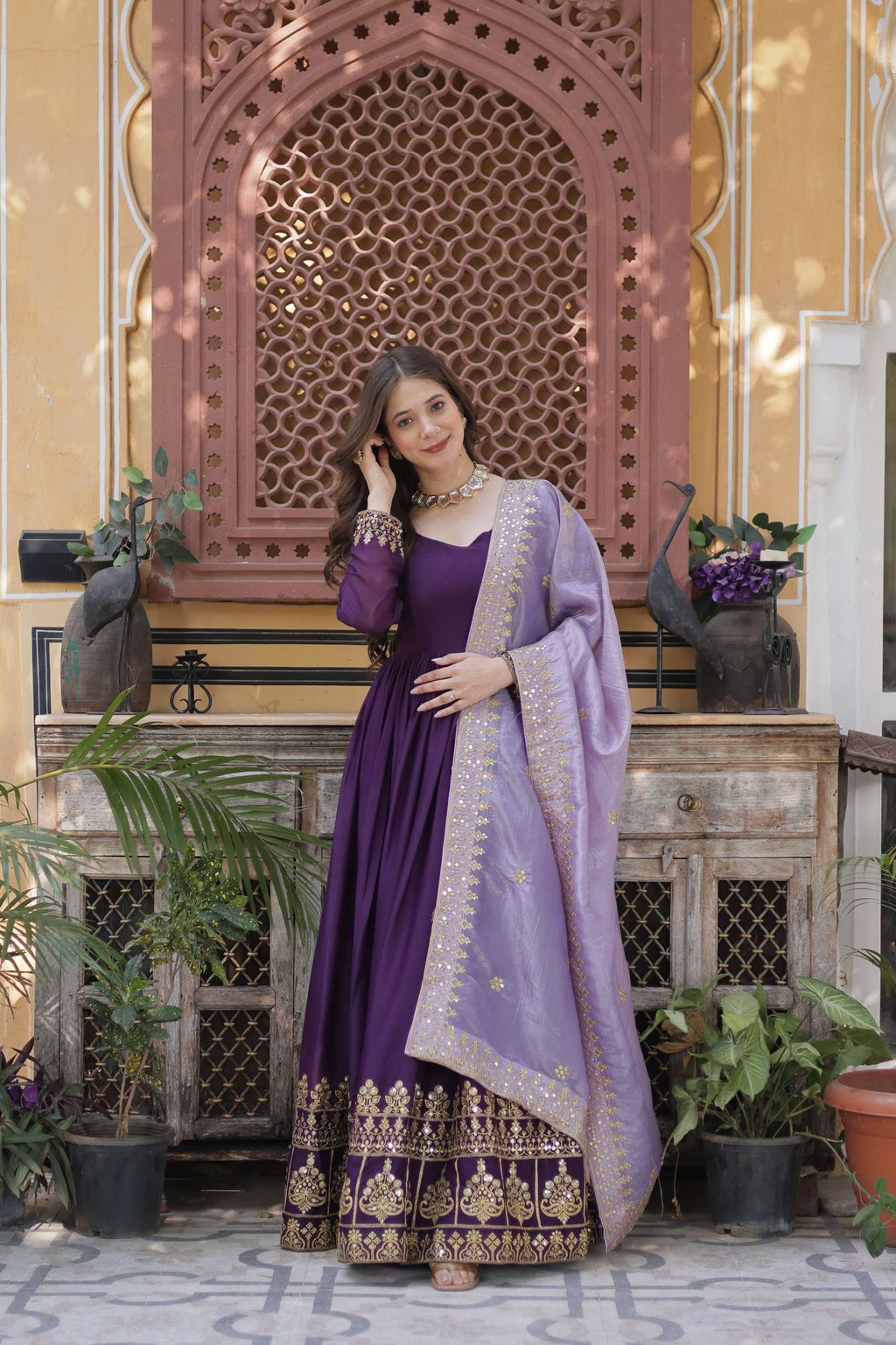Luxury Purple Embroidered Gown â€“ Star Georgette Fabric with Designer Lace Dupatta