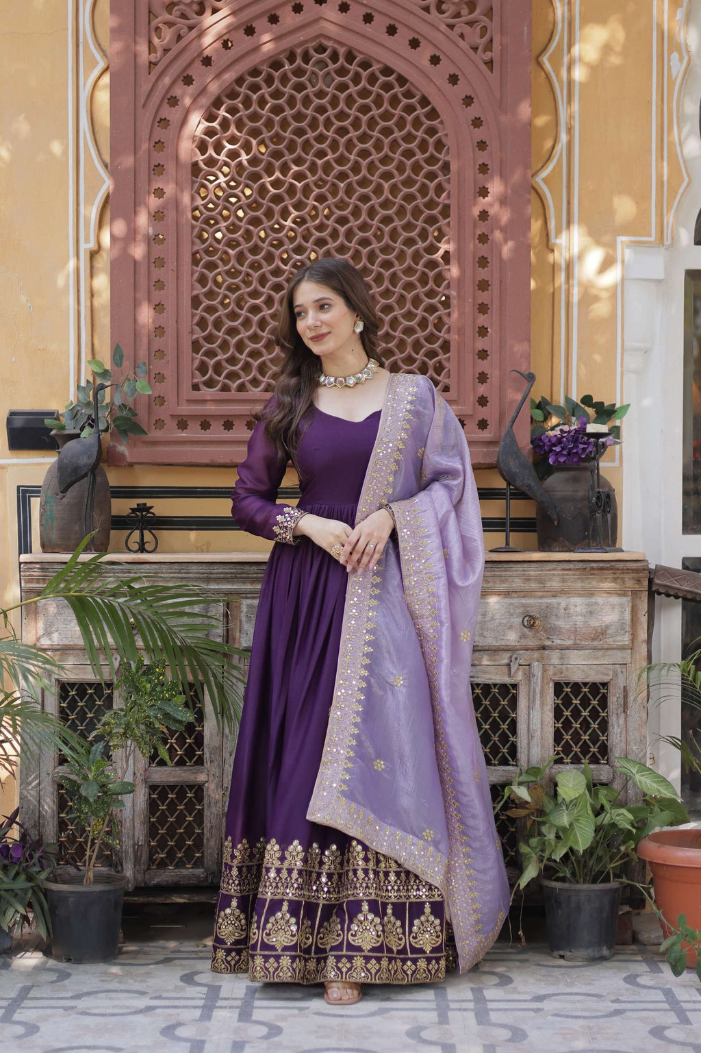 Luxury Purple Embroidered Gown â€“ Star Georgette Fabric with Designer Lace Dupatta