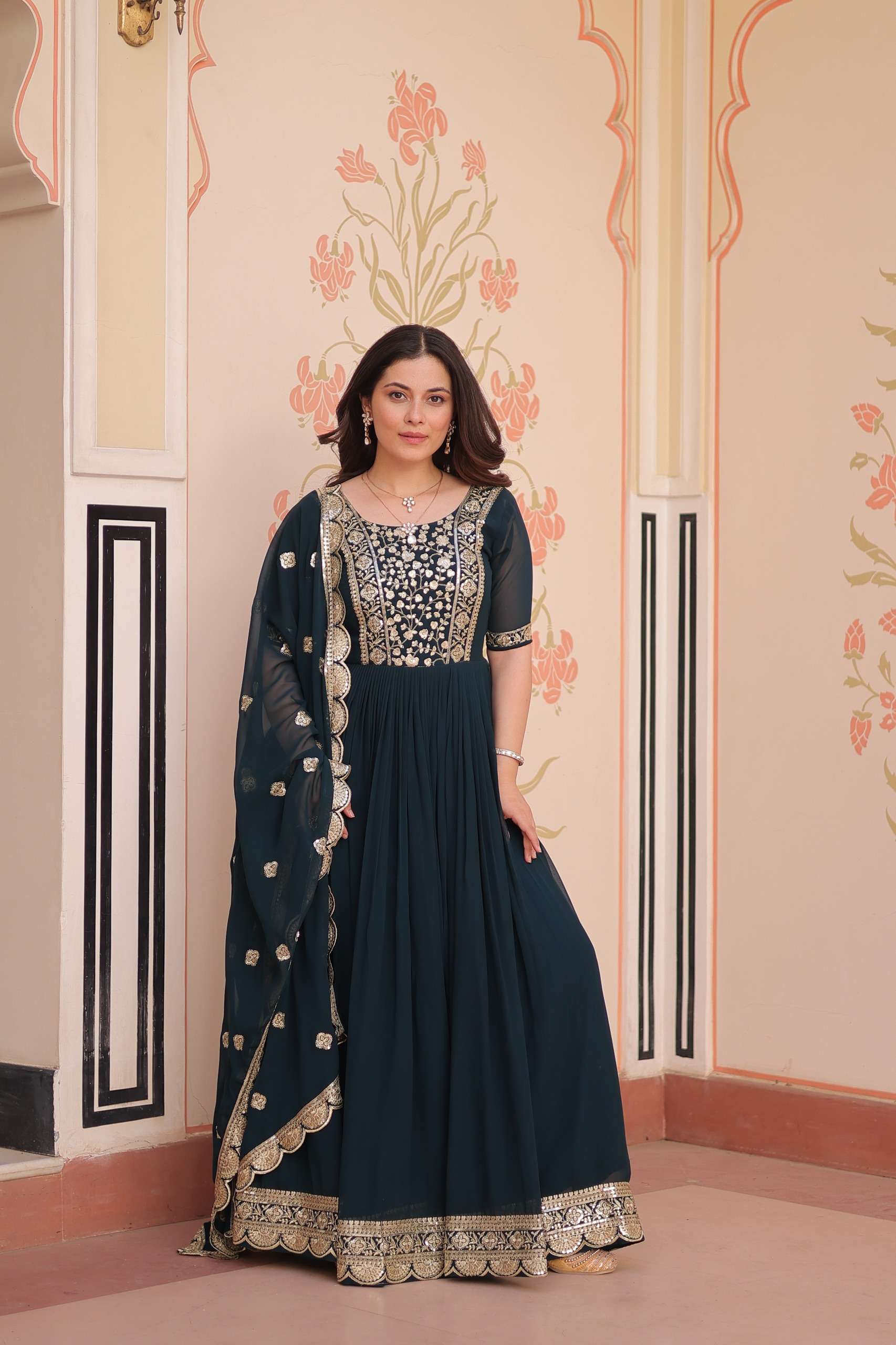 Rama Faux Blooming Gown – Zari Sequence Embroidery & Designer Lace Dupatta