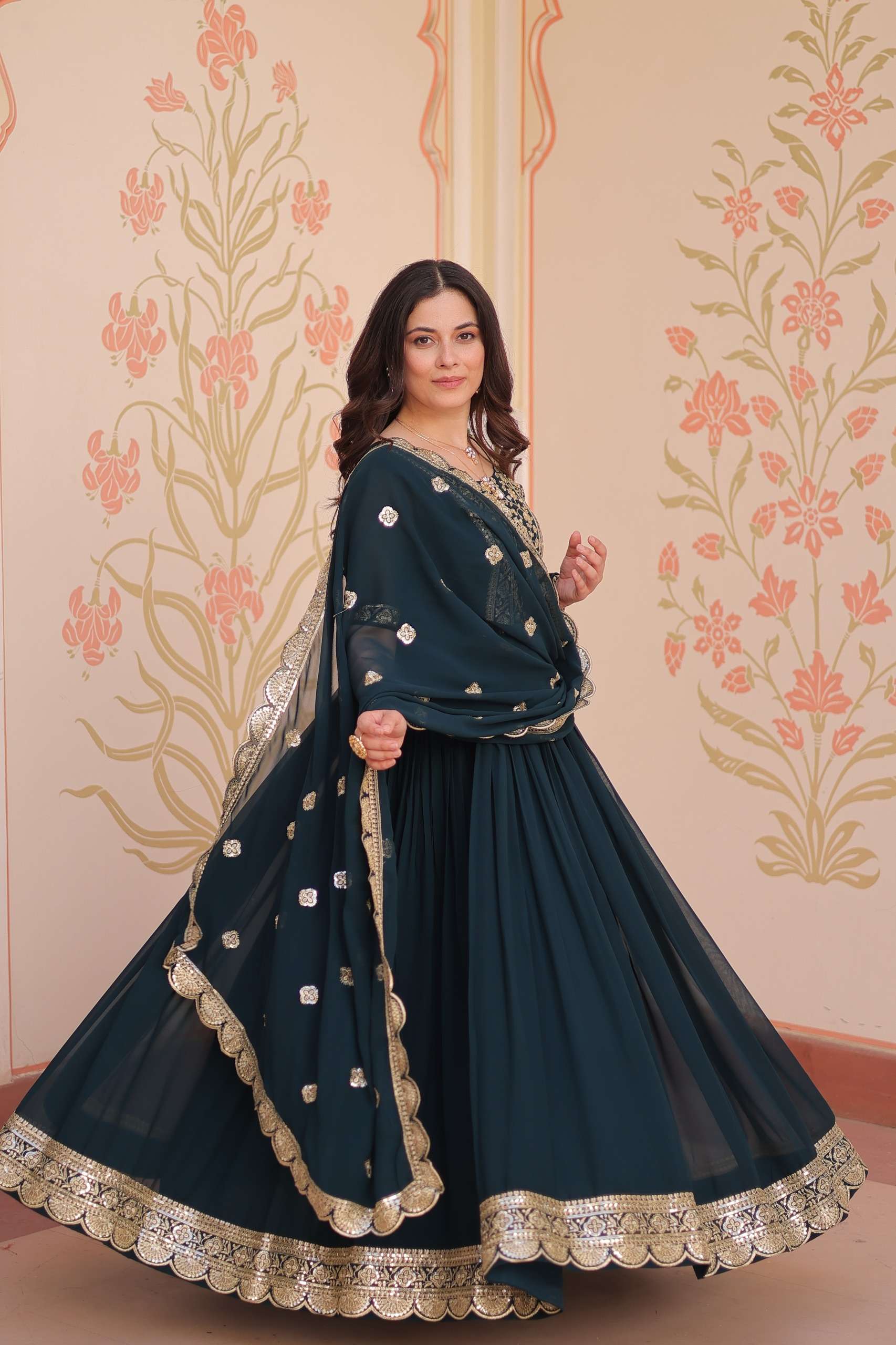 Rama Faux Blooming Gown – Zari Sequence Embroidery & Designer Lace Dupatta