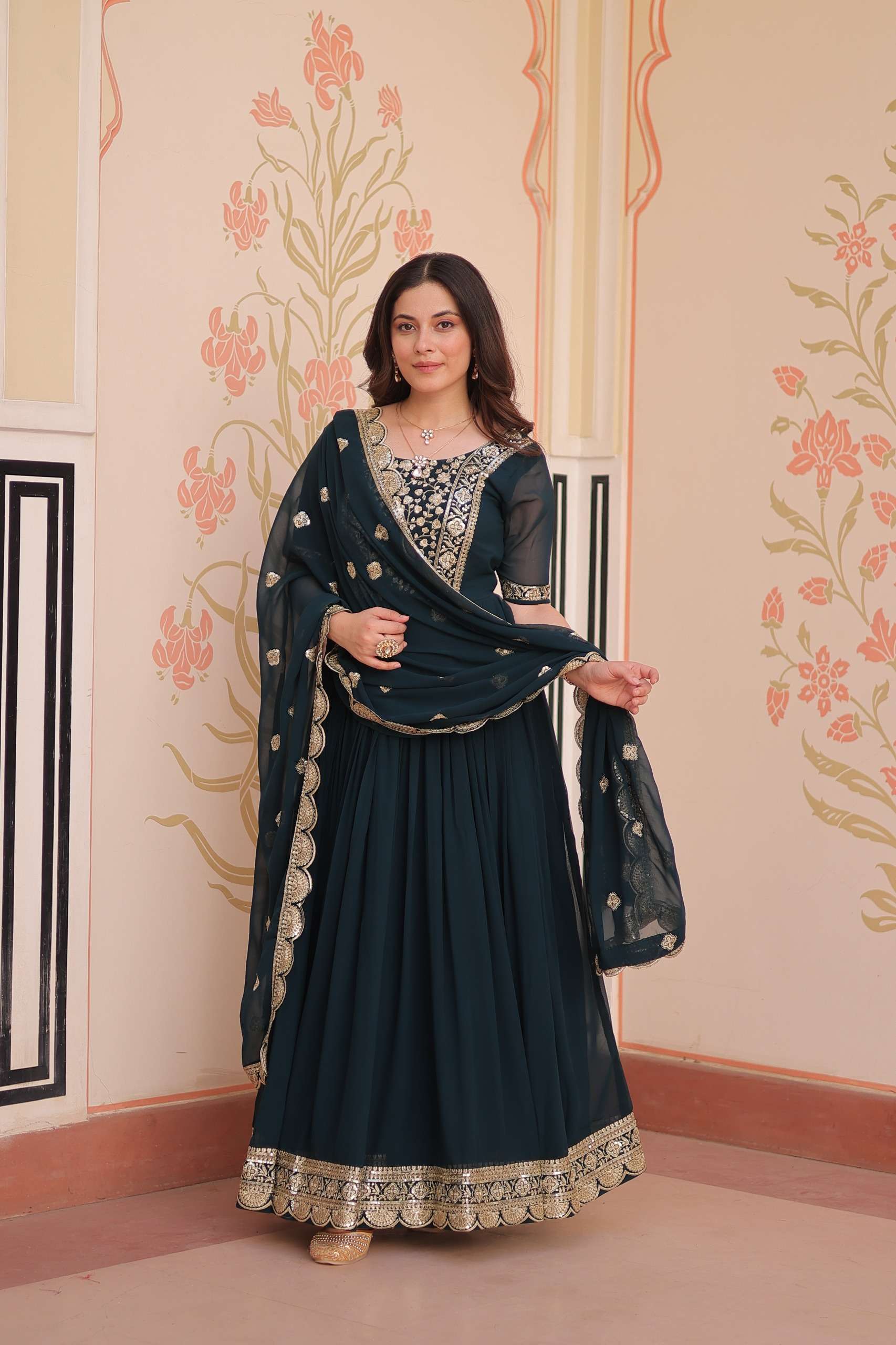 Rama Faux Blooming Gown – Zari Sequence Embroidery & Designer Lace Dupatta