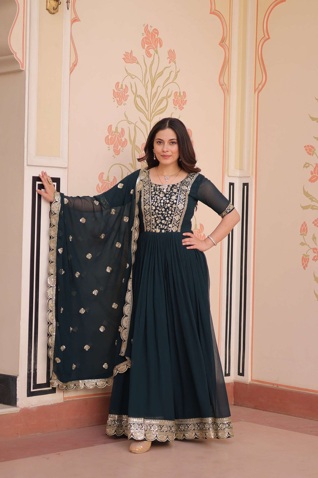 Rama Faux Blooming Gown – Zari Sequence Embroidery & Designer Lace Dupatta