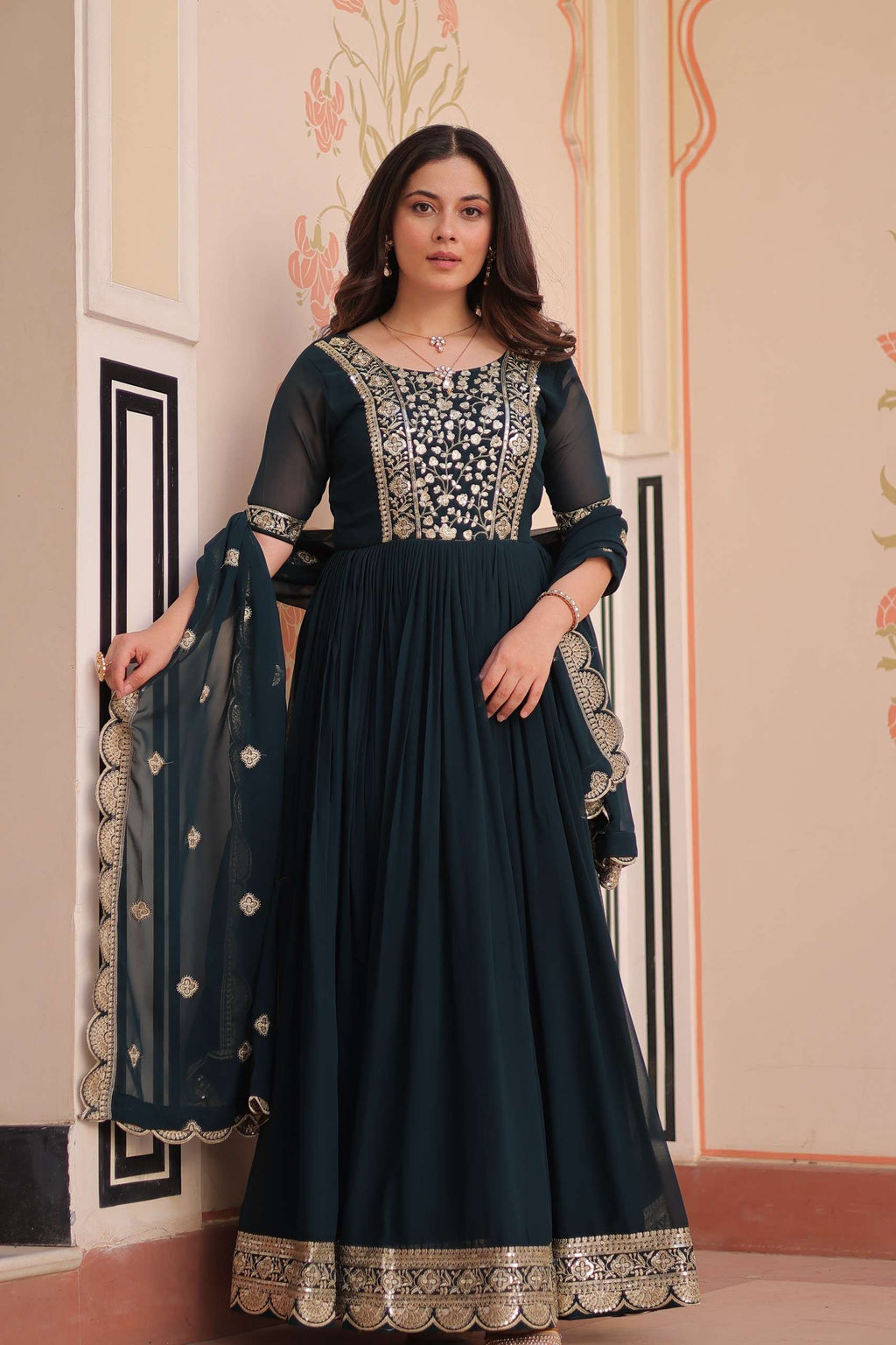 Rama Faux Blooming Gown – Zari Sequence Embroidery & Designer Lace Dupatta