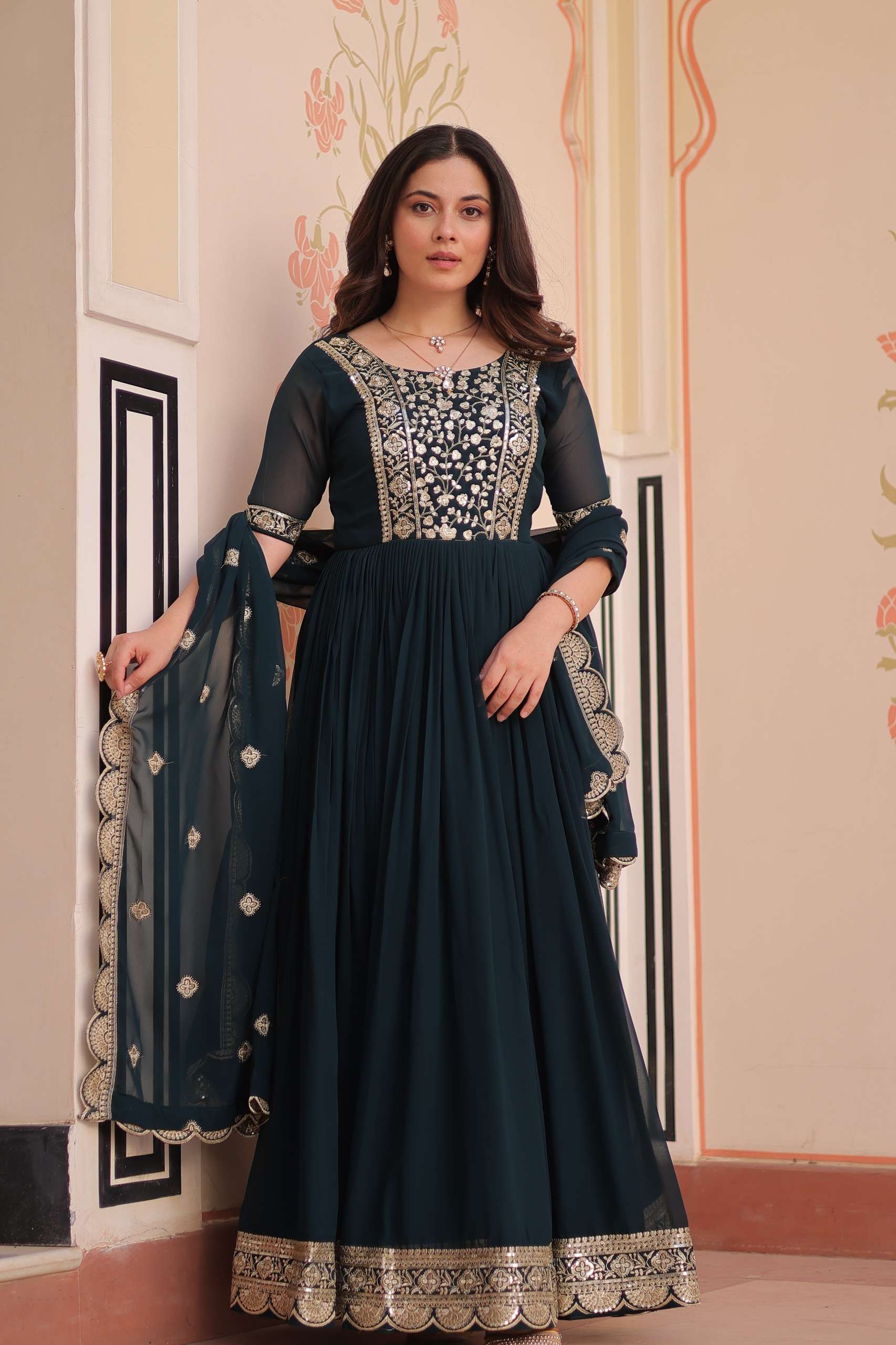 Rama Faux Blooming Gown – Zari Sequence Embroidery & Designer Lace Dupatta