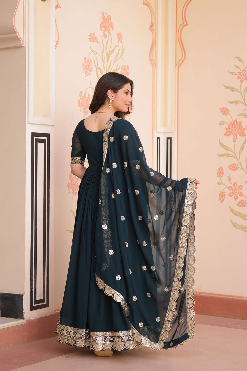 Rama Faux Blooming Gown – Zari Sequence Embroidery & Designer Lace Dupatta