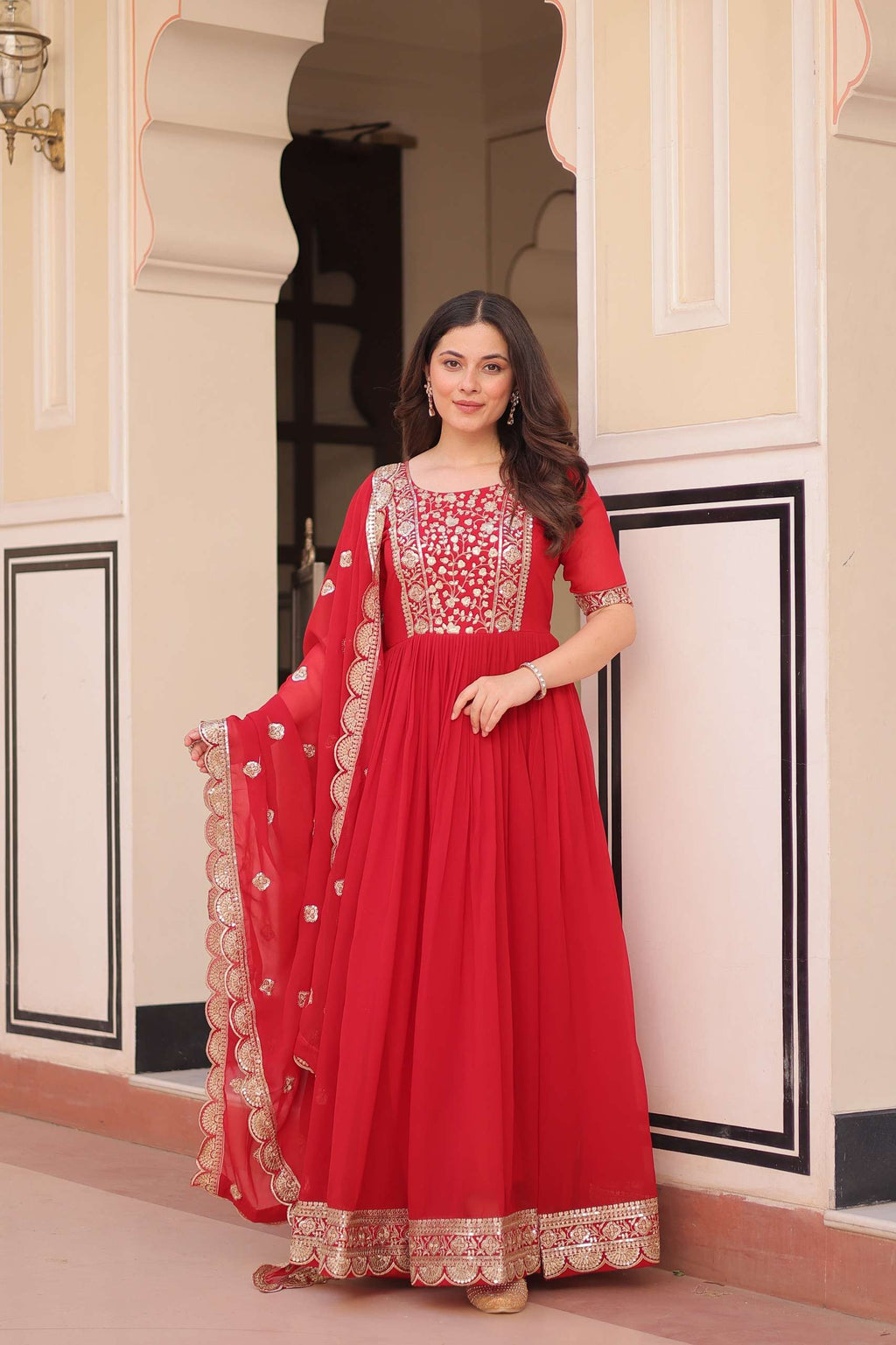 Red Faux Blooming Gown with Sequence Lace Dupatta with Zari Detailing
