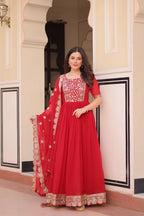 Red Faux Blooming Gown with Sequence Lace Dupatta with Zari Detailing