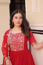 Red Faux Blooming Gown with Sequence Lace Dupatta with Zari Detailing