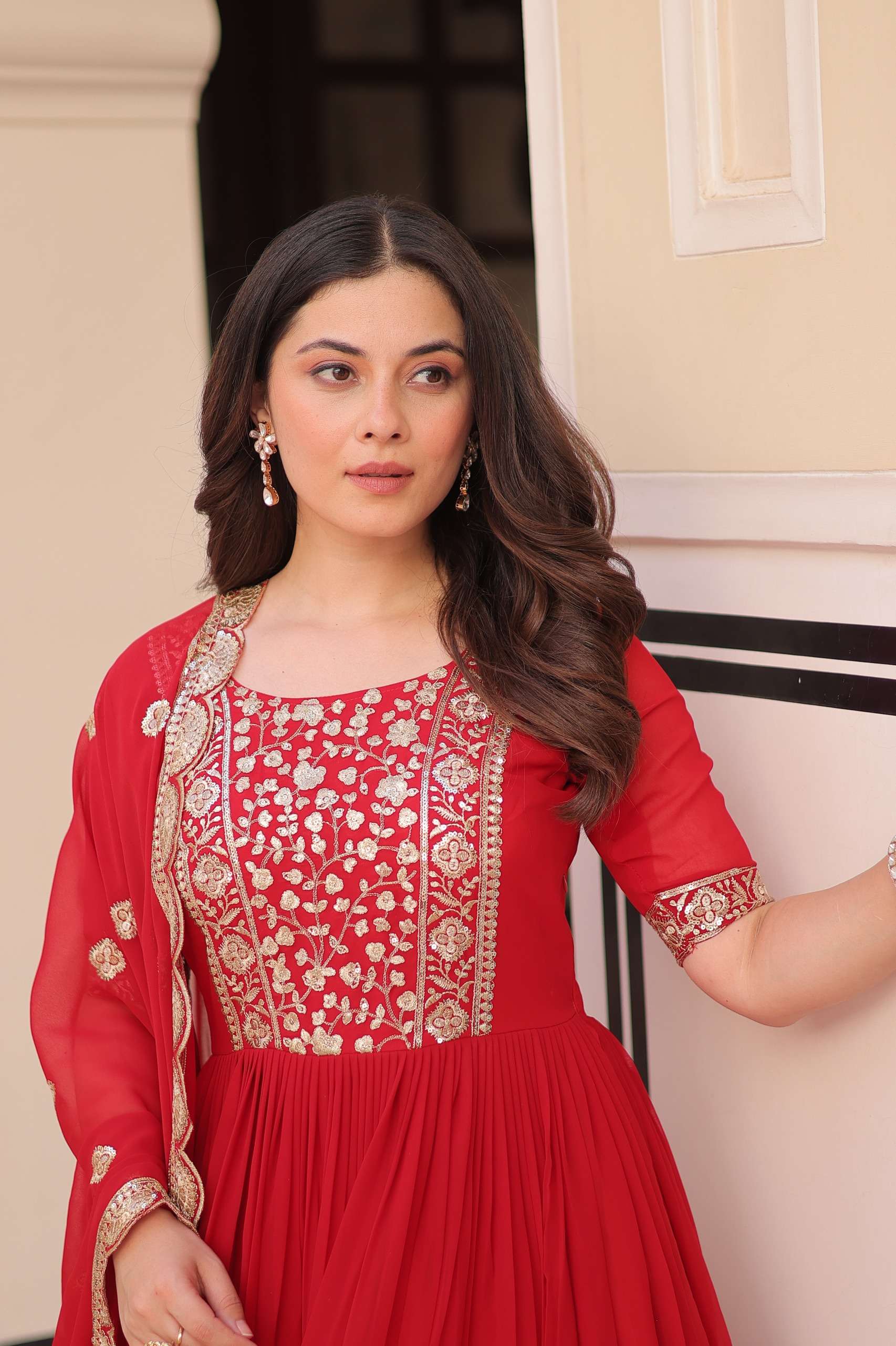 Red Faux Blooming Gown with Sequence Lace Dupatta with Zari Detailing