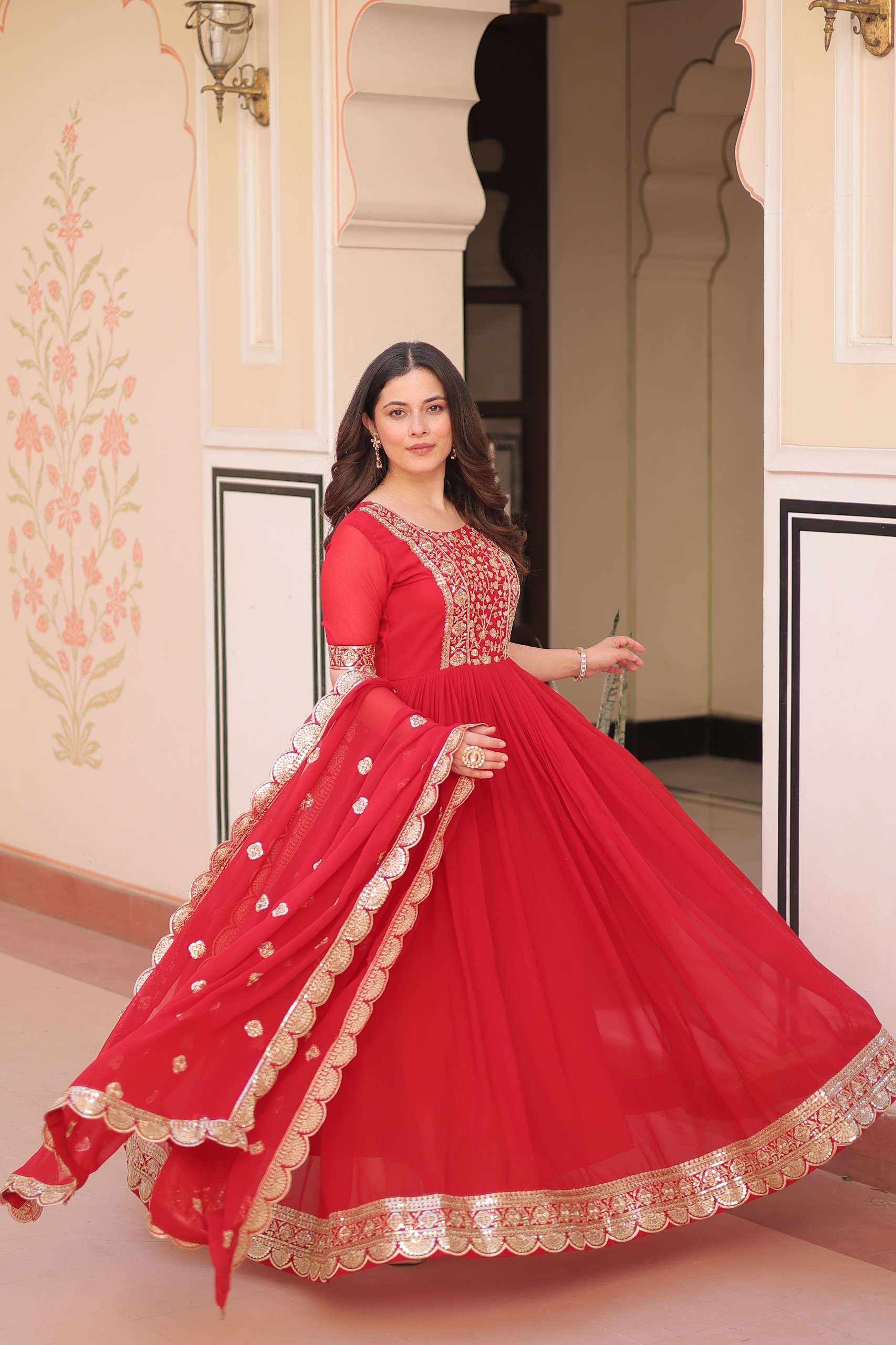 Red Faux Blooming Gown with Sequence Lace Dupatta with Zari Detailing