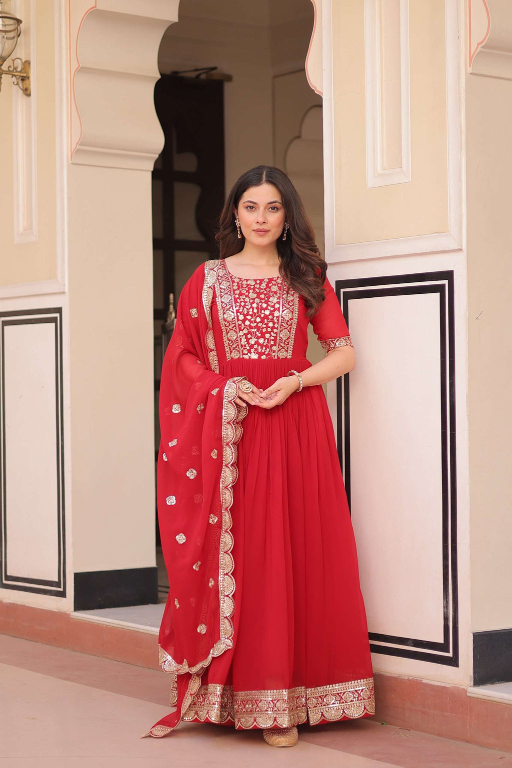 Red Faux Blooming Gown with Sequence Lace Dupatta with Zari Detailing