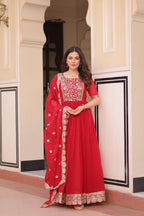 Red Faux Blooming Gown with Sequence Lace Dupatta with Zari Detailing