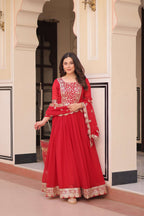 Red Faux Blooming Gown with Sequence Lace Dupatta with Zari Detailing