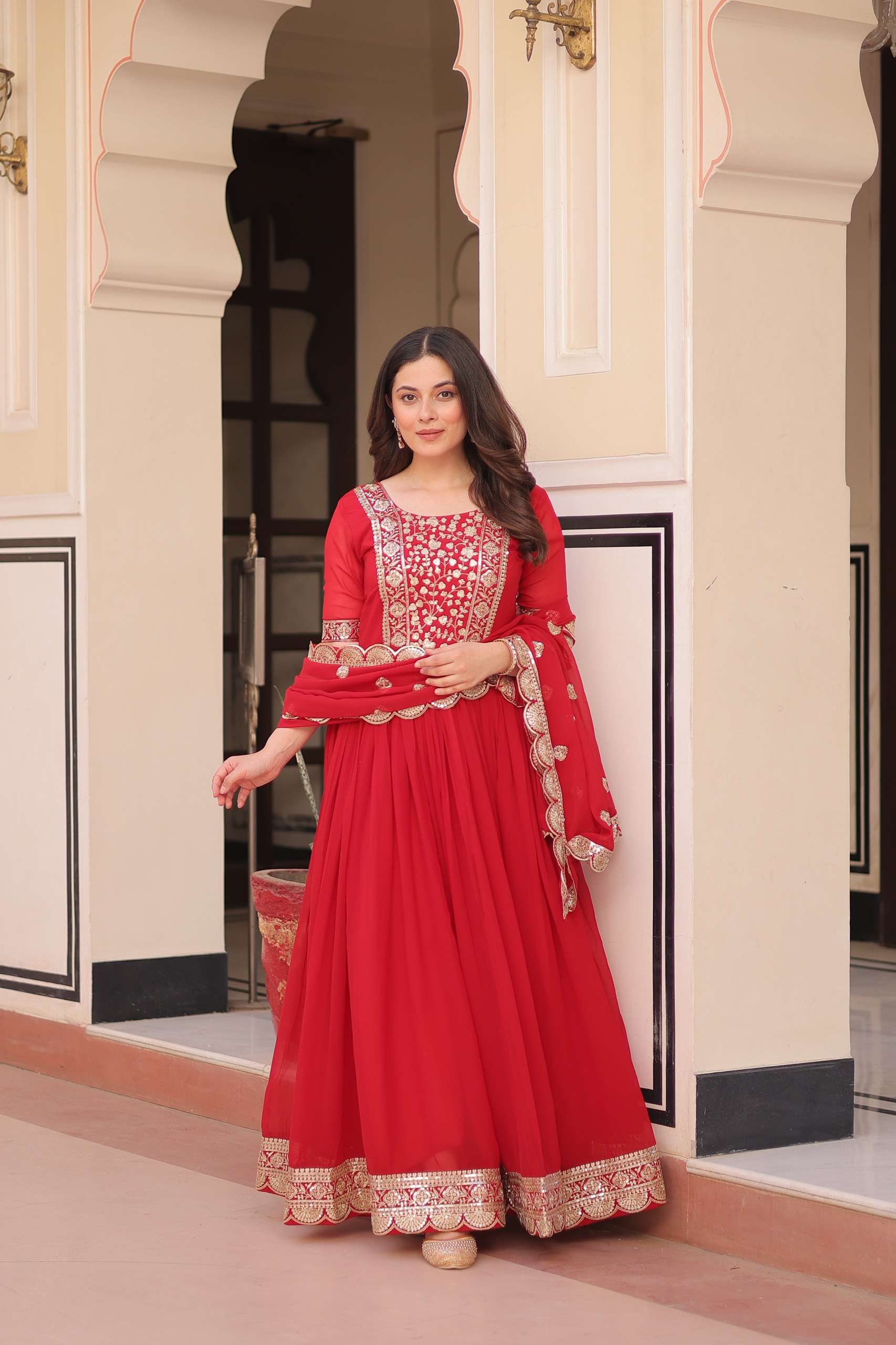 Red Faux Blooming Gown with Sequence Lace Dupatta with Zari Detailing