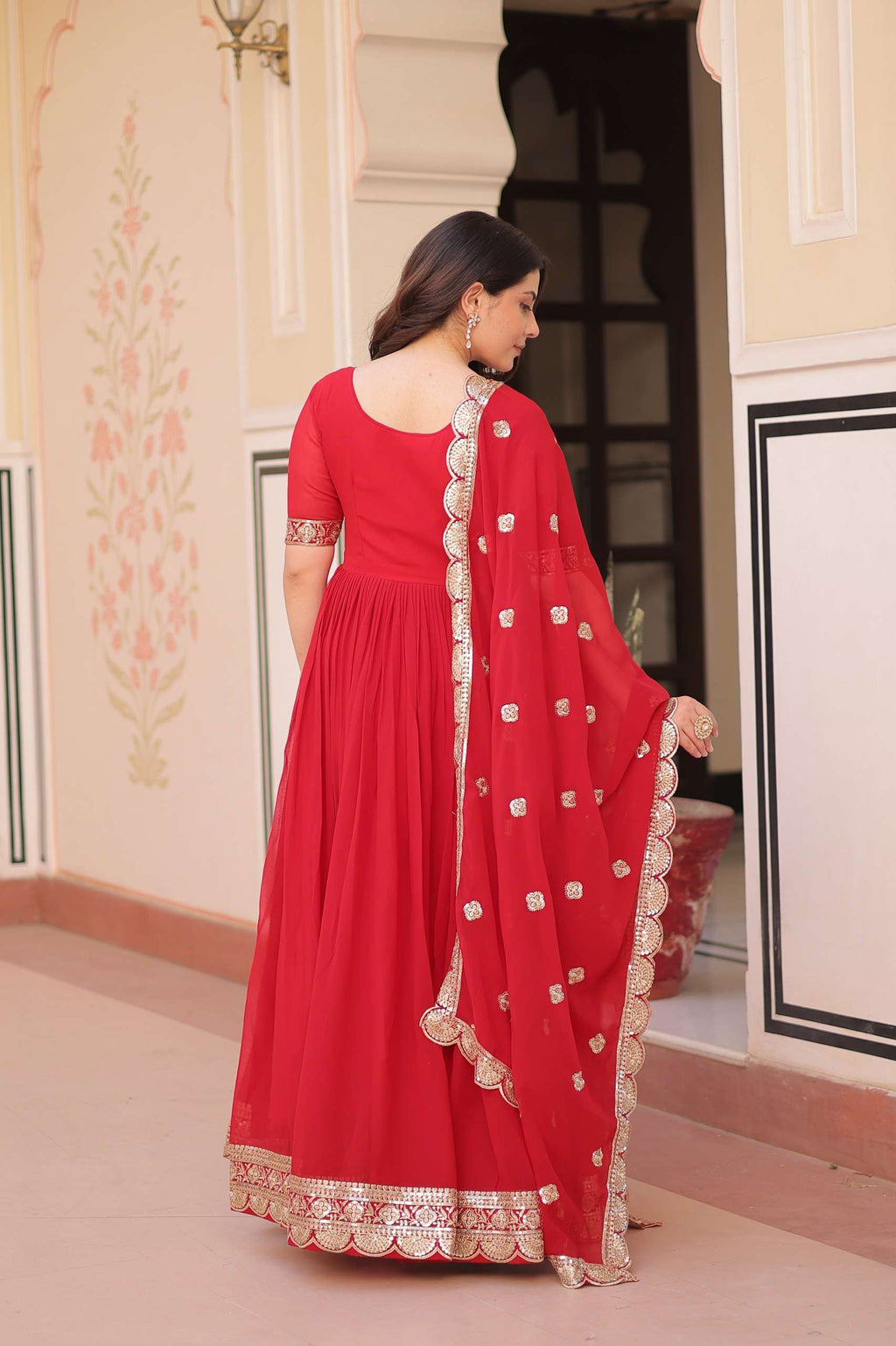 Red Faux Blooming Gown with Sequence Lace Dupatta with Zari Detailing