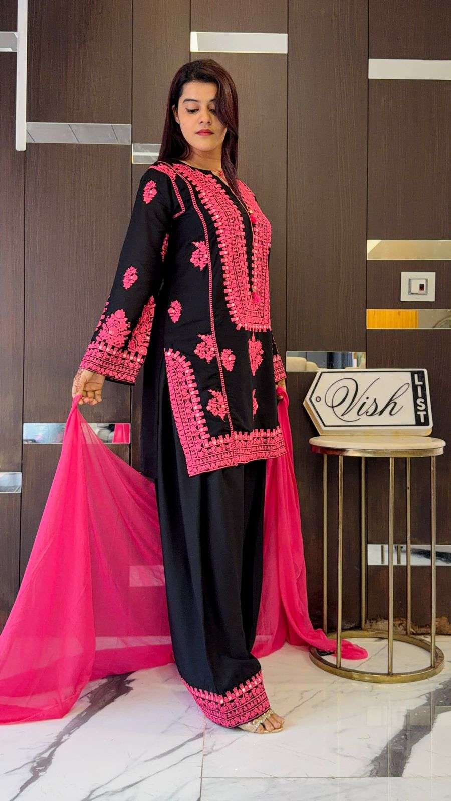 Pure Crepe Silk Embroidered Suit Set with Real Mirror Work