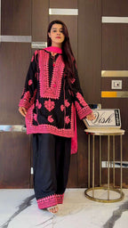 Pure Crepe Silk Embroidered Suit Set with Real Mirror Work