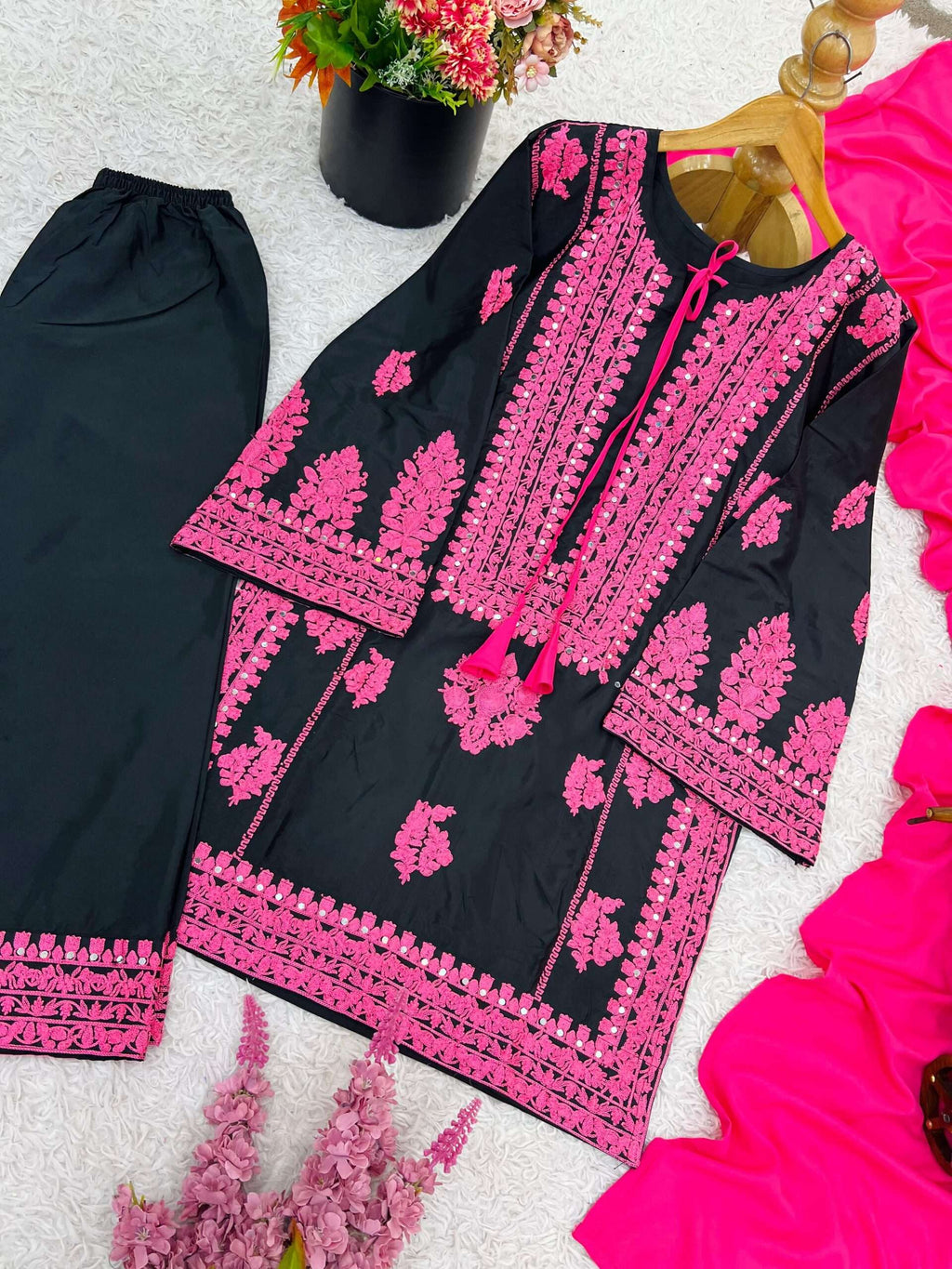 Pure Crepe Silk Embroidered Suit Set with Real Mirror Work