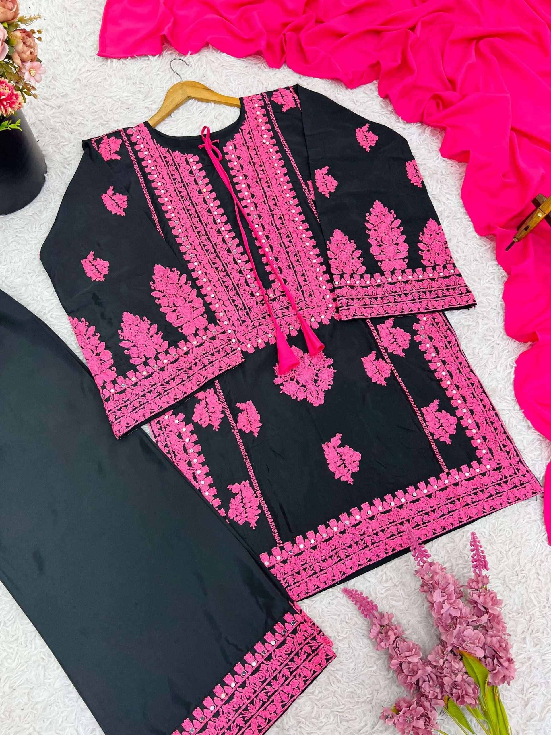 Pure Crepe Silk Embroidered Suit Set with Real Mirror Work