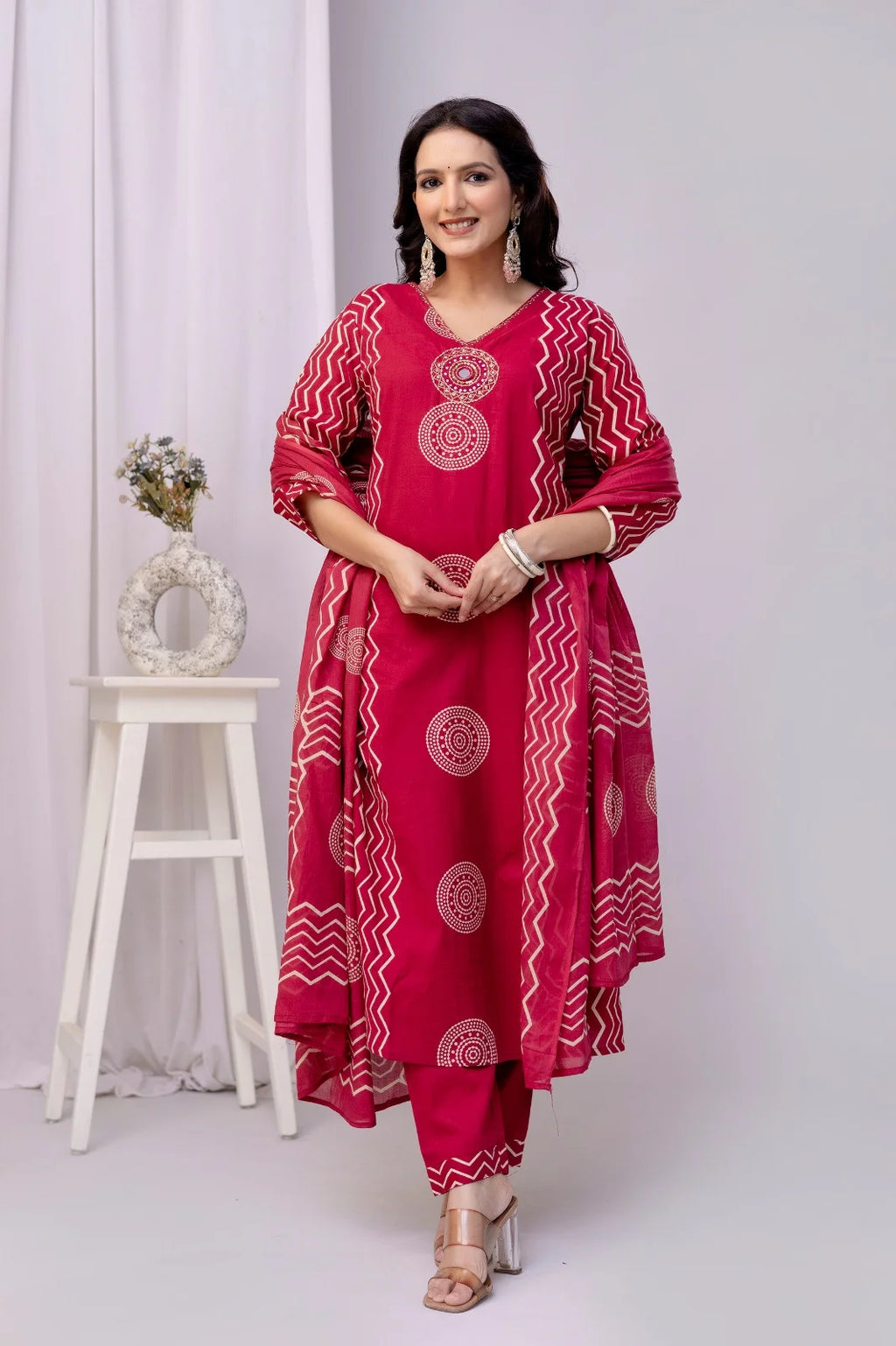 Cotton Embroidered Kurta Pant with Original Mirror Work Printed Dupatta
